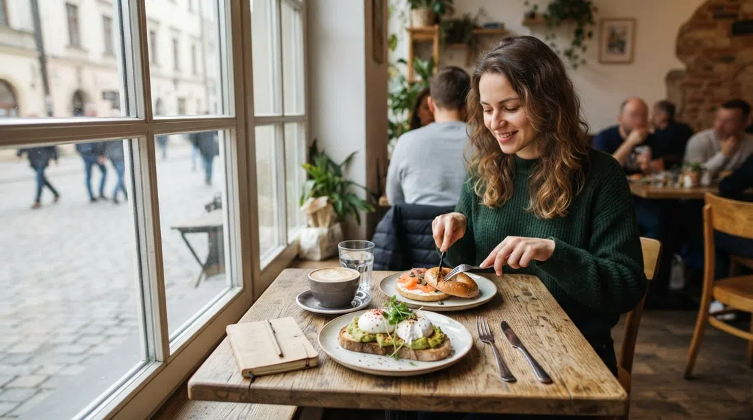Wesoła Cafe on Rakowicka in Kraków, a bright specialty-coffee breakfast table with avocado toast, smoked-salmon bagel and a cup of coffee near the window