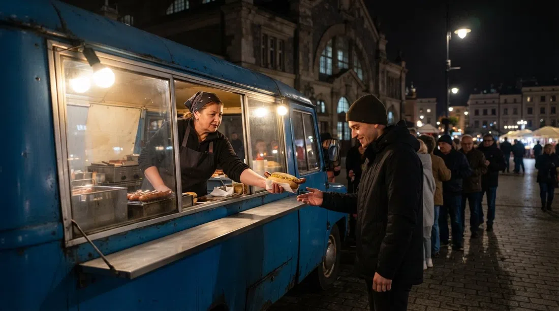 the Blue Nysa sausage van beside Hala Targowa at night, a grilled kiełbasa in a roll with mustard handed through the serving window under streetlights