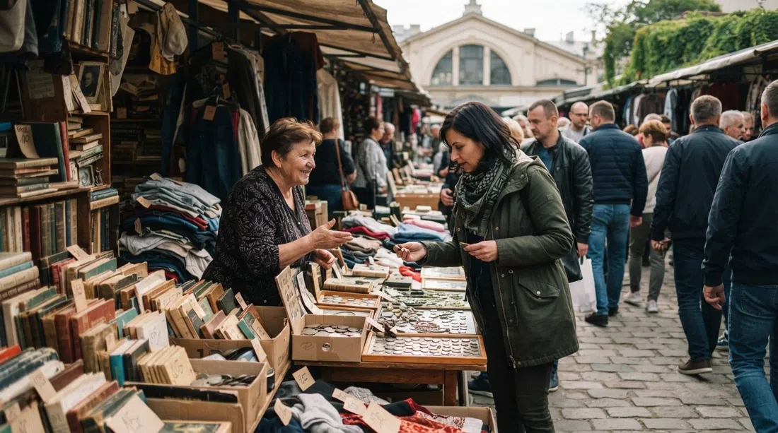 the Sunday flea market at Hala Targowa in Kraków, a crowded stall of books, coins and vintage clothing with handwritten price tags and shoppers bargaining in the aisle