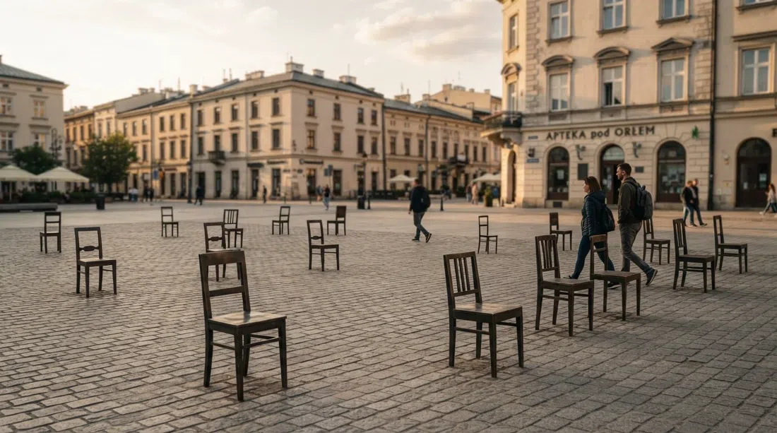 Ghettohjältarnas torg i Podgórze med de 33 tomma brons- och järnstolarna utspridda över den öppna platsen i eftermiddagsljus