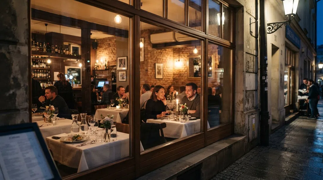 ZaKładka Bistro de Cracovie på Józefińska 2 med intim bistrointeriör, dukade bord och varm kvällsbelysning genom fönstren