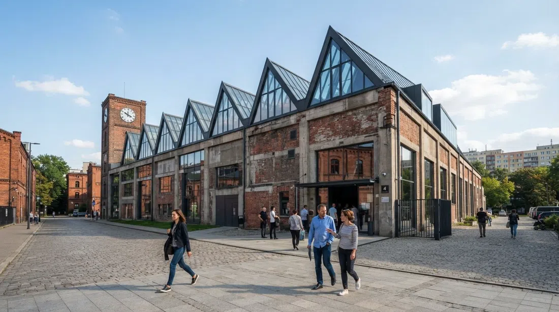 sågtaket och postindustriella fasaden på MOCAK på Lipowa 4 i klart dagsljus