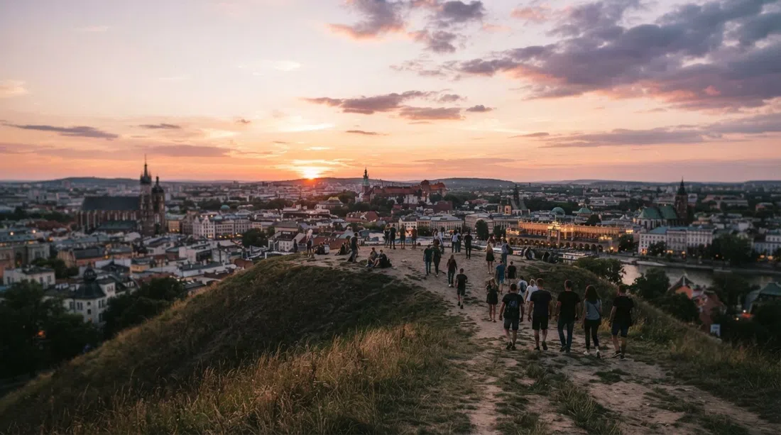 Krakushögen vid solnedgång med människor silhuetterade på den gräsbevuxna sluttningen och Krakows silhuett utbredd i 360-graders panorama
