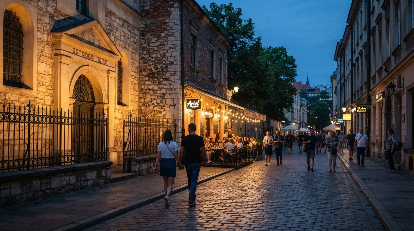 Szeroka at dusk in Kazimierz, with the Remuh Synagogue, low cobbles and warm window light from nearby cafés