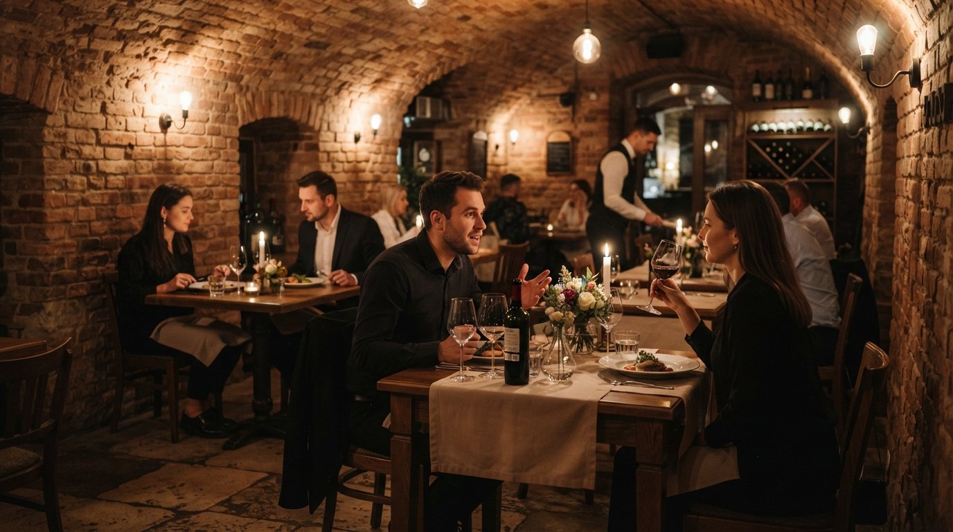the brick cellar dining room at Bottiglieria 1881 on ul. Bocheńska, moody fine-dining tables and low warm light
