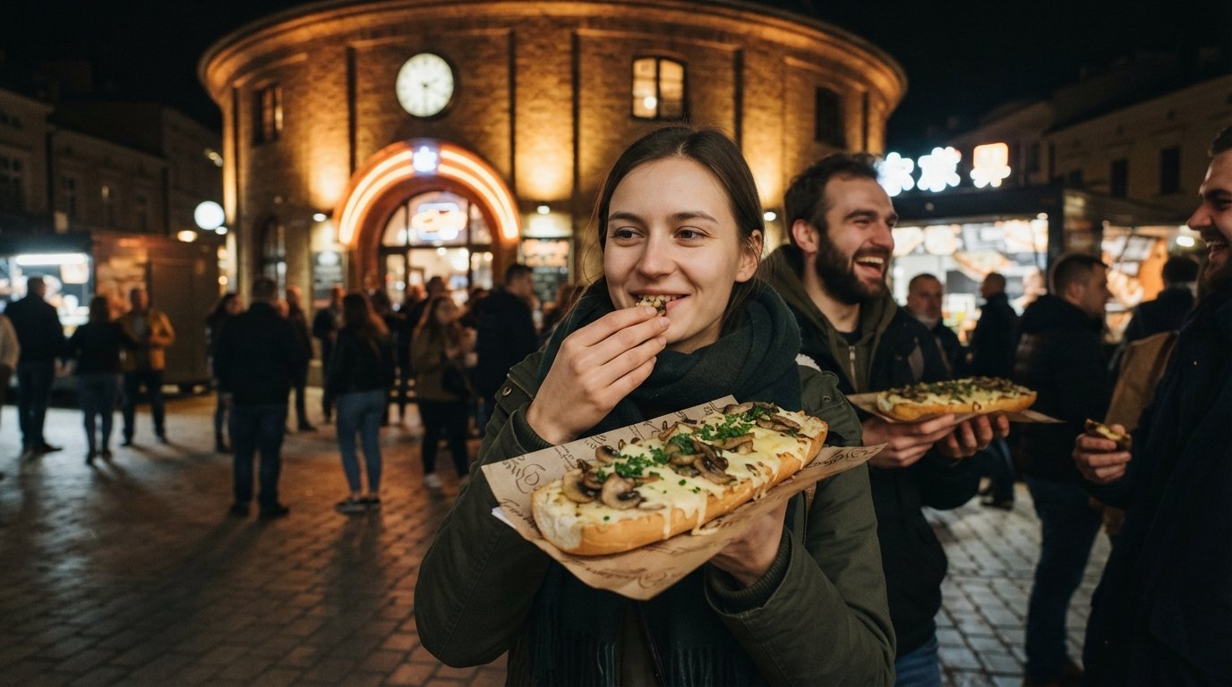 a late-night zapiekanka from the Okrąglak on Plac Nowy, melted cheese and mushrooms on a long open baguette under neon light