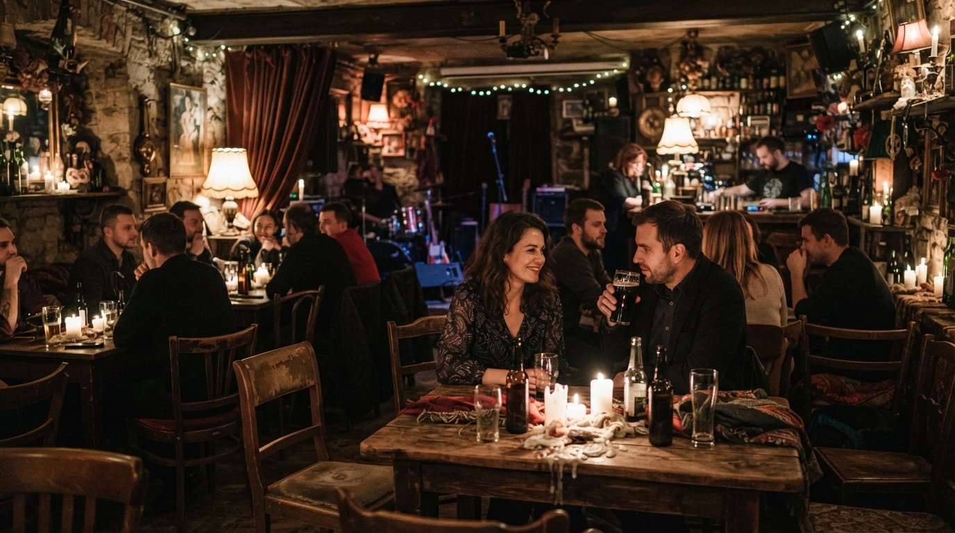 the candlelit cluttered interior of Alchemia on Plac Nowy, with mismatched furniture and a basement-stage feel