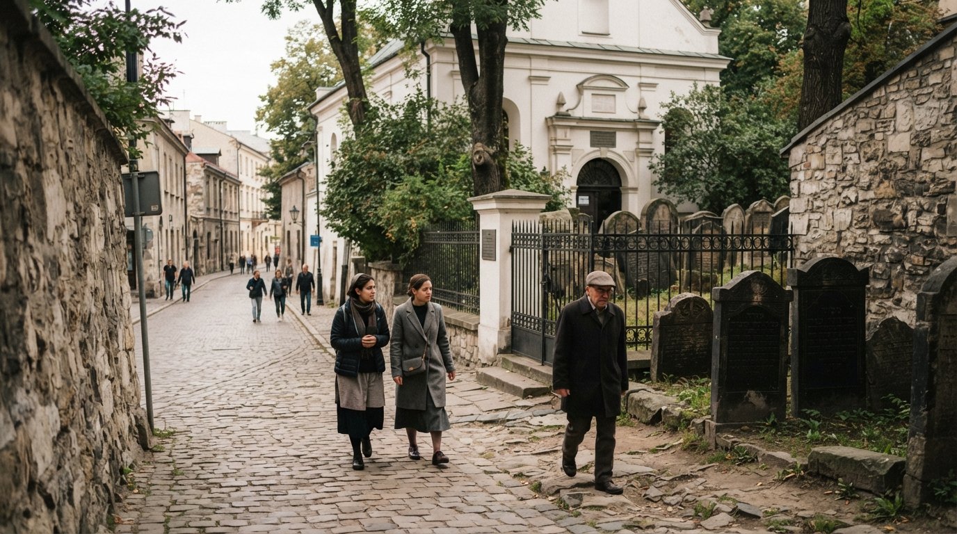 the Remuh Synagogue and cemetery on Szeroka, with old stone walls, narrow lanes and a quiet pilgrimage atmosphere