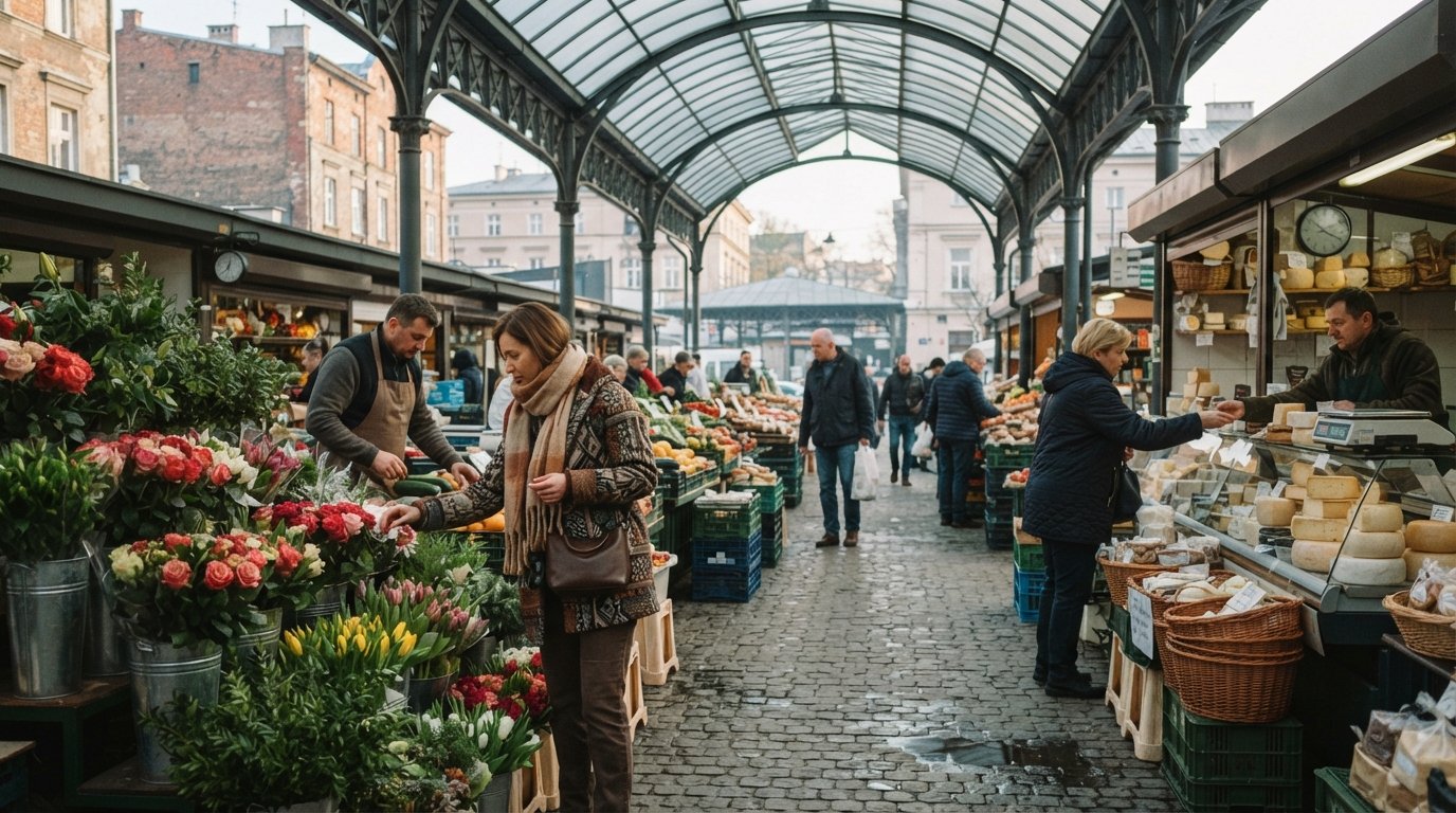 Stary Kleparz market under its glass-and-steel canopy in early morning light, stalls opening as shoppers browse flowers, cheese and produce