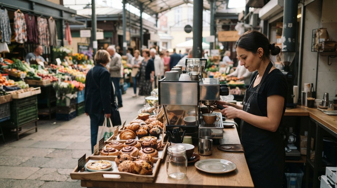 Aura’s coffee counter inside Stary Kleparz, a morning espresso being pulled beside plant-based pastries and market stalls