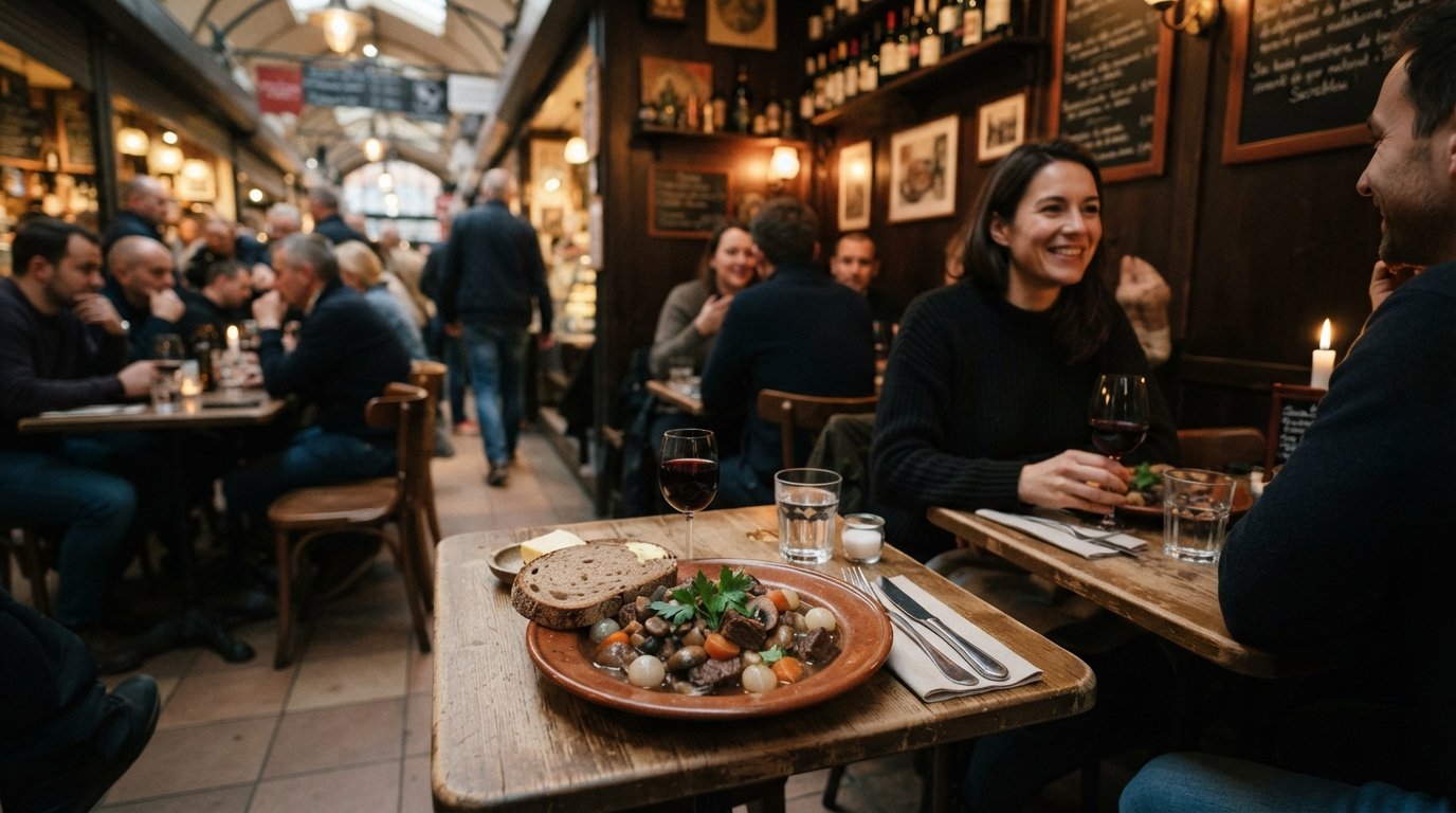 a plate of beef bourguignon at Sacrebleu! inside the market kiosks, intimate French bistro lighting and a tiny table setting
