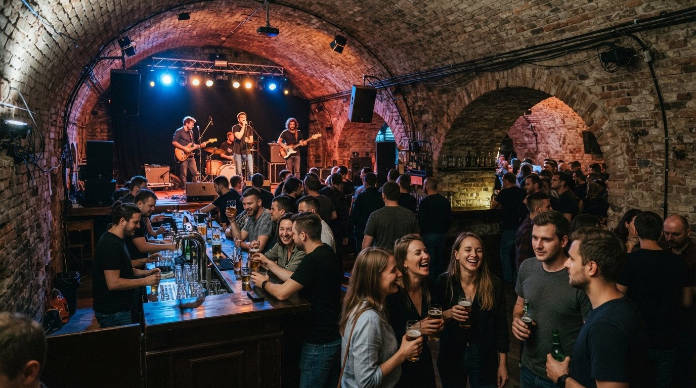 the exposed-brick vaults inside Forty Kleparz, with stage lighting, two bars and the atmosphere of a small live-music night