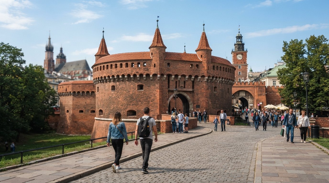 the Barbican and St Florian’s Gate from the north on a clear day, red brick walls and the approach from Stary Kleparz just beyond