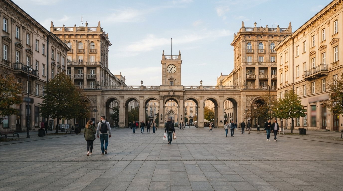 Plac Centralny in Nowa Huta, Krakow, with its monumental socialist-realist arcades and broad open square under soft afternoon light