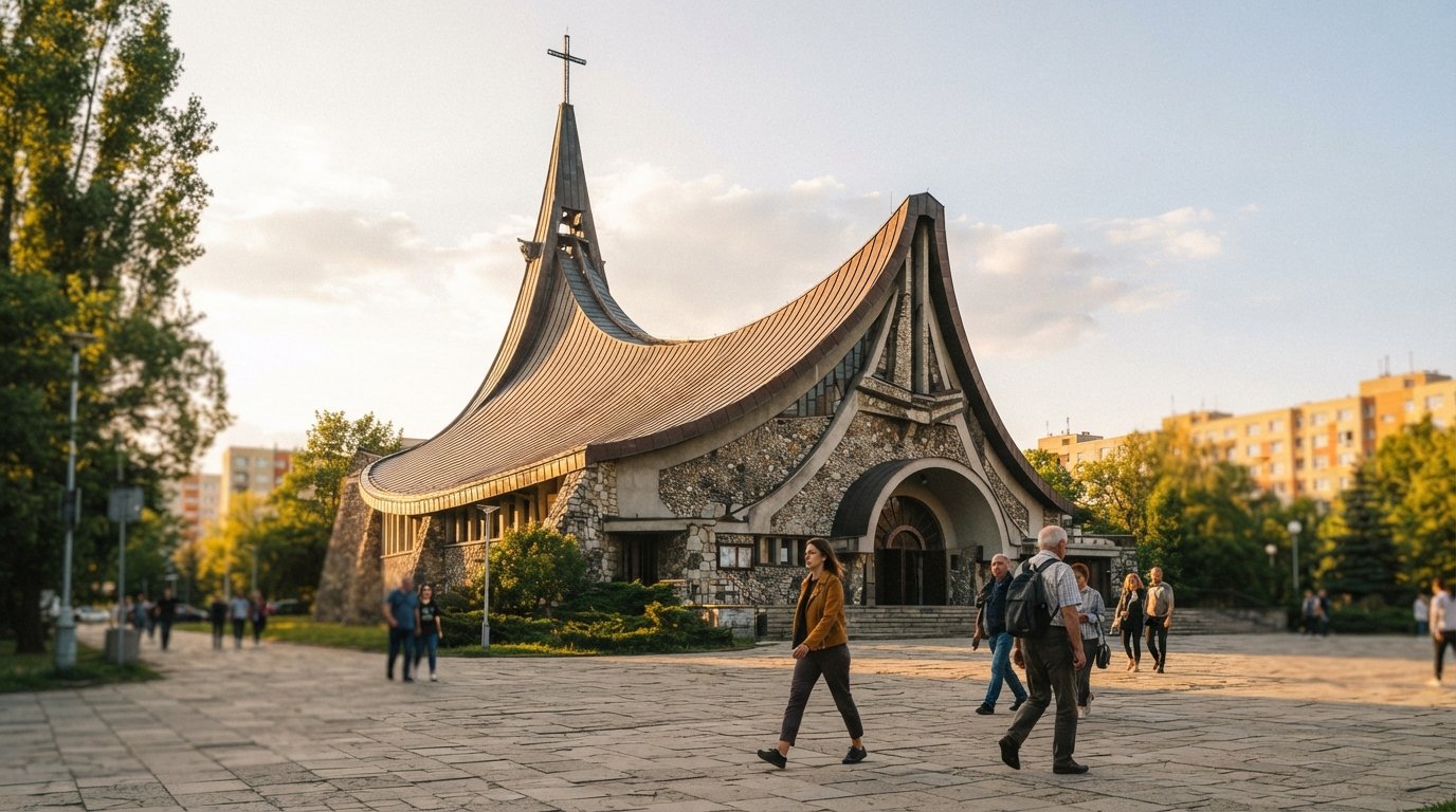 the Arka Pana church in Nowa Huta, Krakow, showing its boat-like modernist nave and stone facade at golden hour