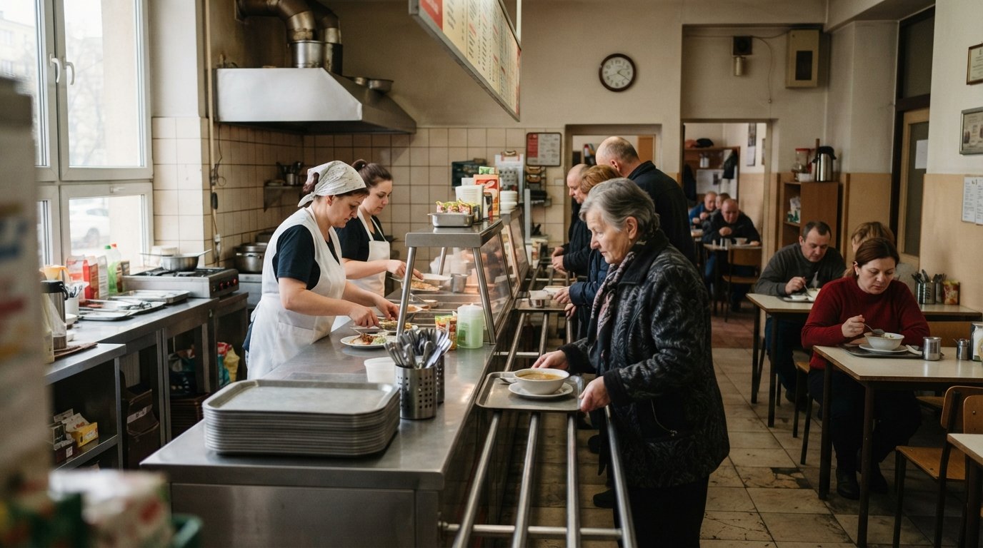 the counter and simple dining room of Bar Mleczny Centralny on Plac Centralny, with stainless-steel trays, laminated menus and early-morning light