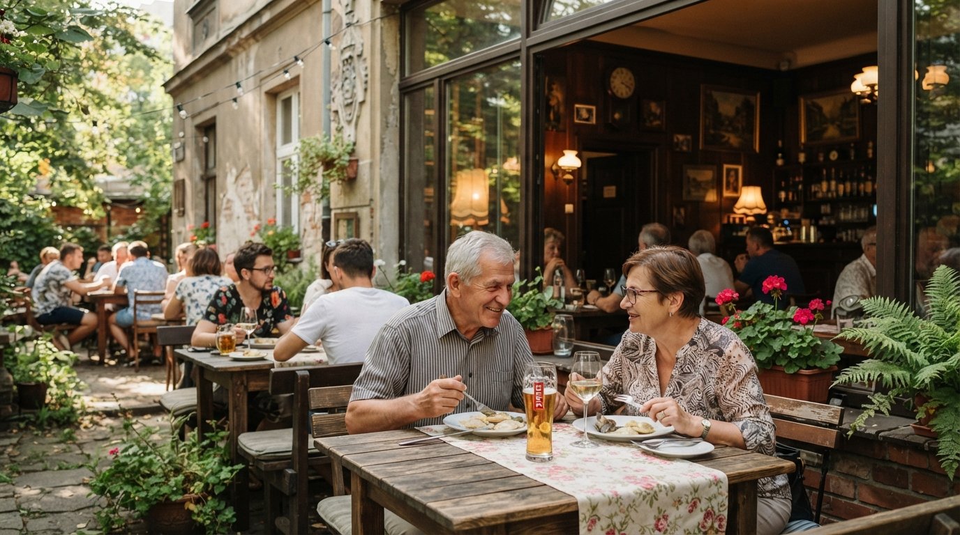 Restauracja Stylowa in Nowa Huta, Krakow, with its PRL-era dining room, warm interior details and a laid-back summer garden feel