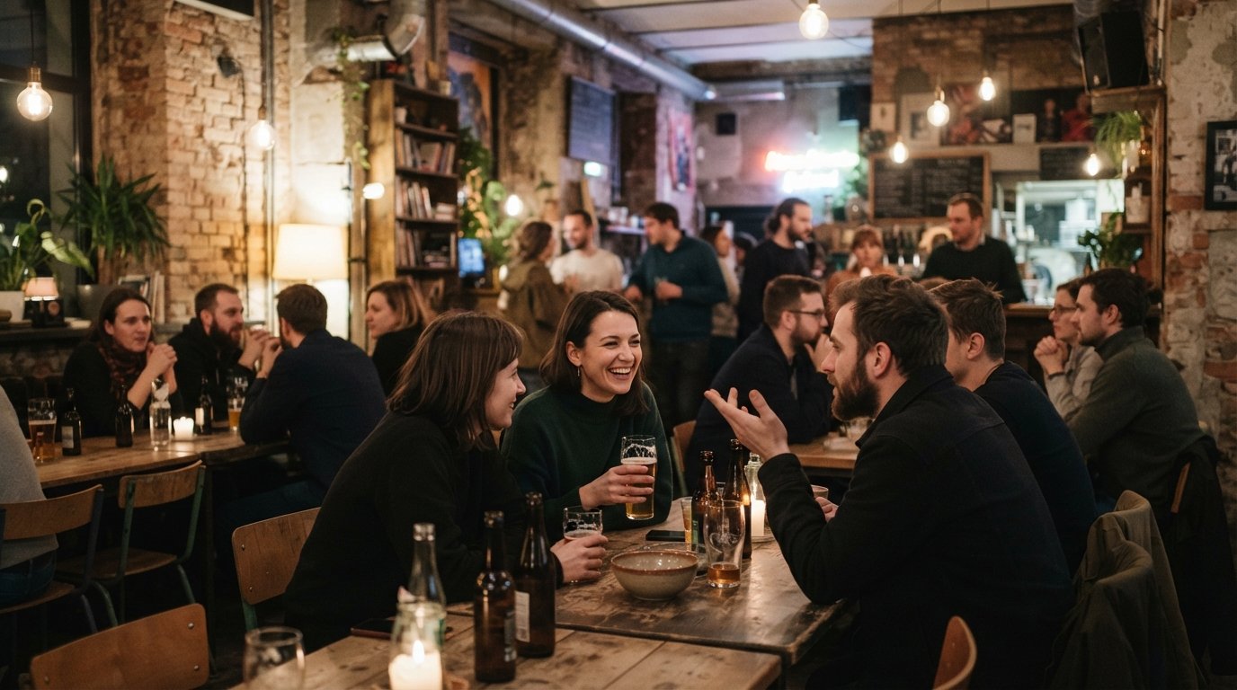 Klub Kombinator beside the Łaźnia Nowa theatre, a relaxed post-industrial bar-café with warm evening light and a local crowd