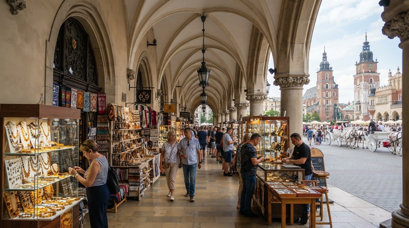 the Sukiennice arcade on Rynek Główny in Krakow, amber stalls and souvenir displays under the Renaissance arches with the square bustling outside
