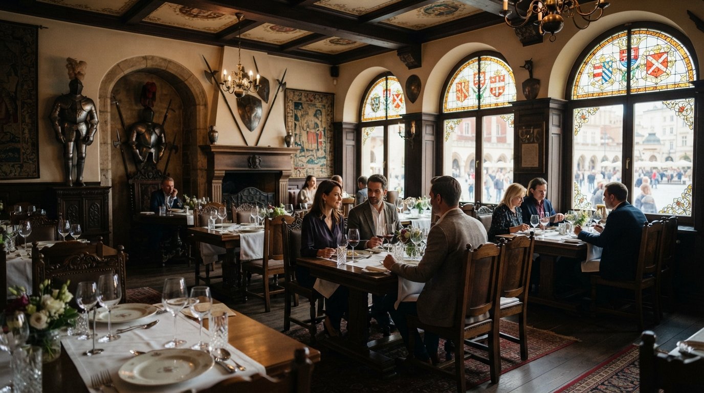 the dining room at Wierzynek on Rynek Główny, stained glass, armour details and polished tables set for a formal historic dinner