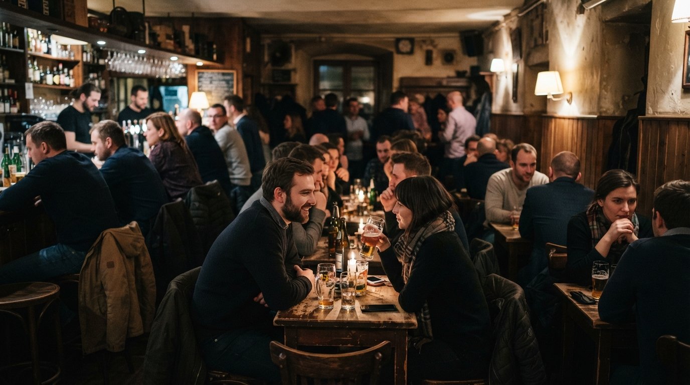 the tiny interior of Vis-à-vis on Rynek Główny 29, closely packed tables, low light and an old Krakow bar atmosphere on the square