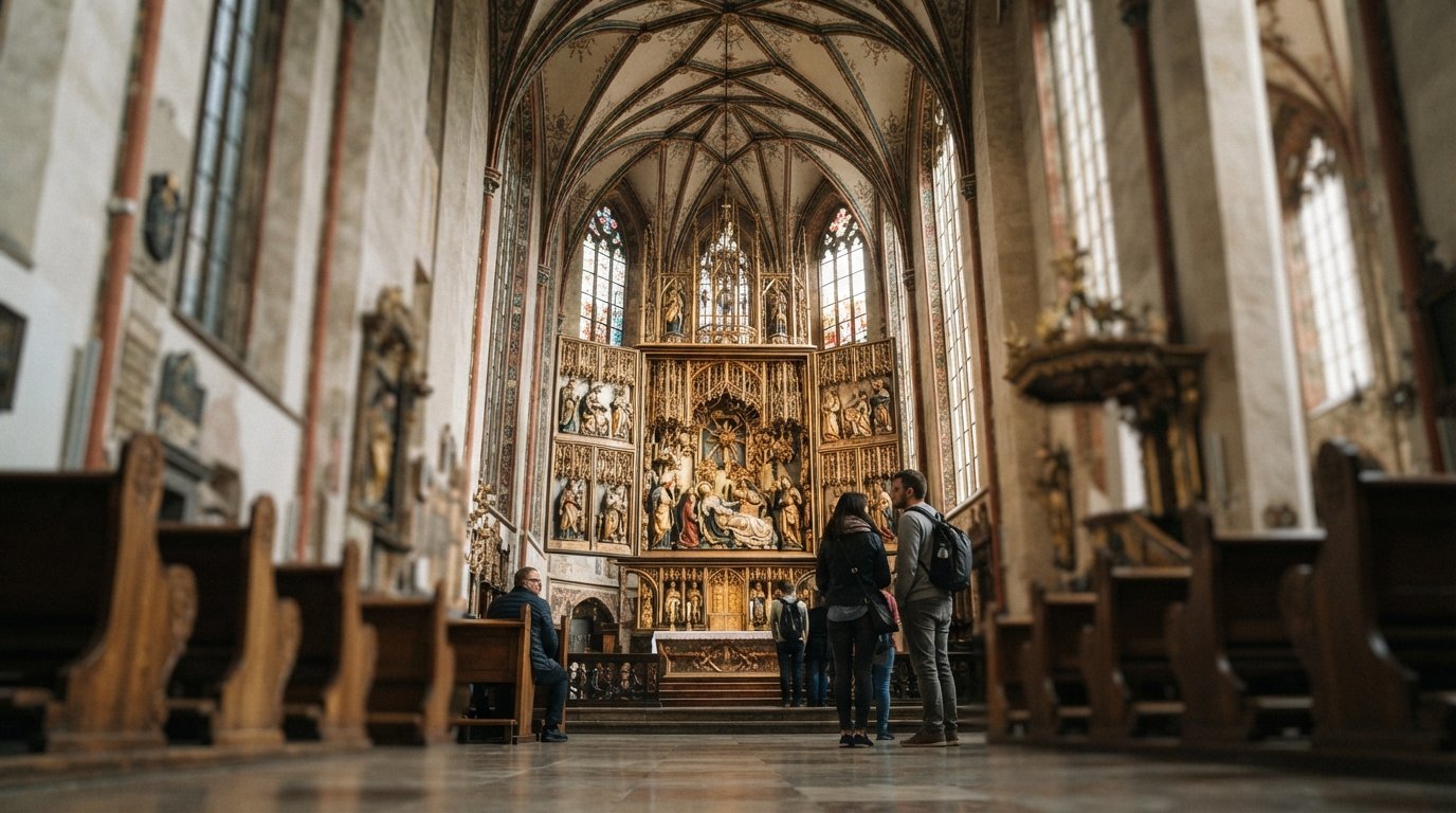 the interior of St Mary’s Basilica in Krakow, the carved and gilded Veit Stoss altarpiece open beneath Gothic vaulting