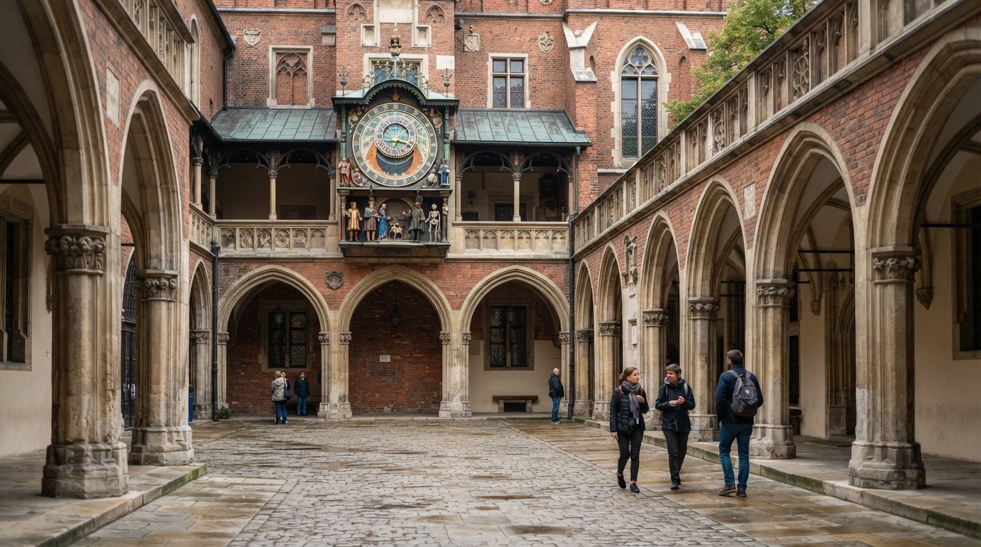the arcaded courtyard of Collegium Maius in Krakow, Gothic brickwork and a quiet university atmosphere with the animated clock display